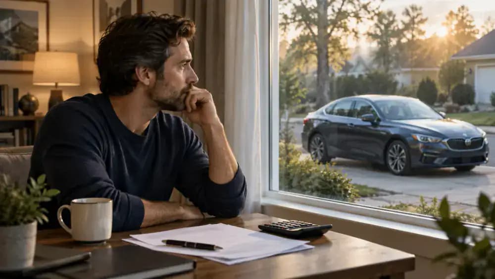 Concerned vehicle owner standing by a window and looking toward a parked car outside.