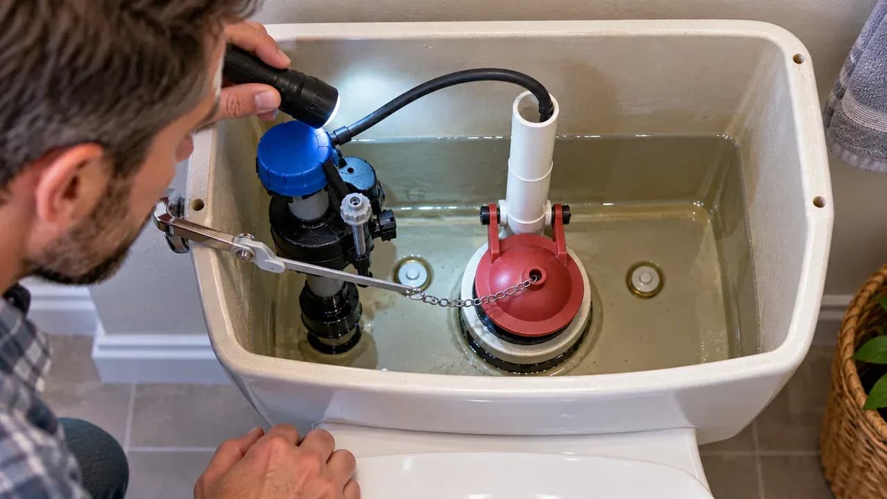 Top-down view inside an open toilet tank as a homeowner uses a small flashlight to inspect the flapper seal, chain slack, lever arm, and float clearance without making adjustments.