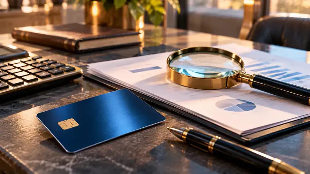 Credit card and blank credit report examined with a magnifying glass.