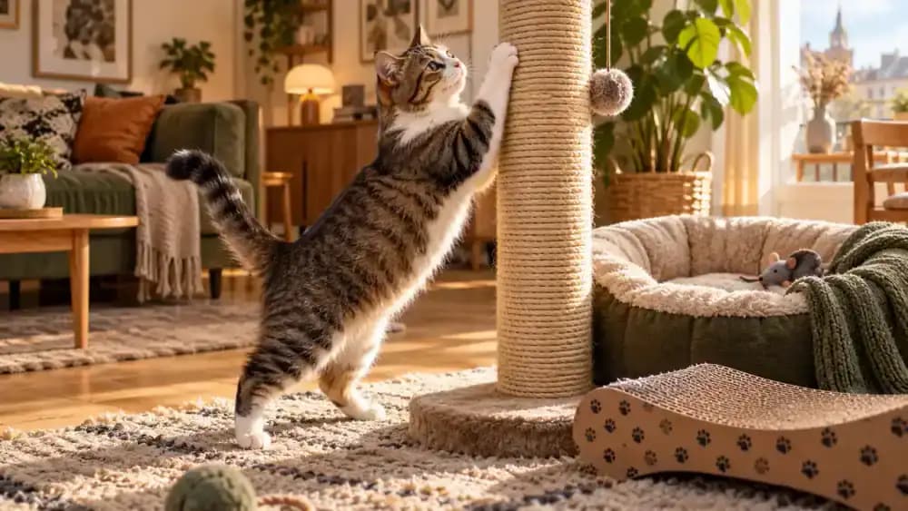 Cat using a stable scratching post beside its resting area