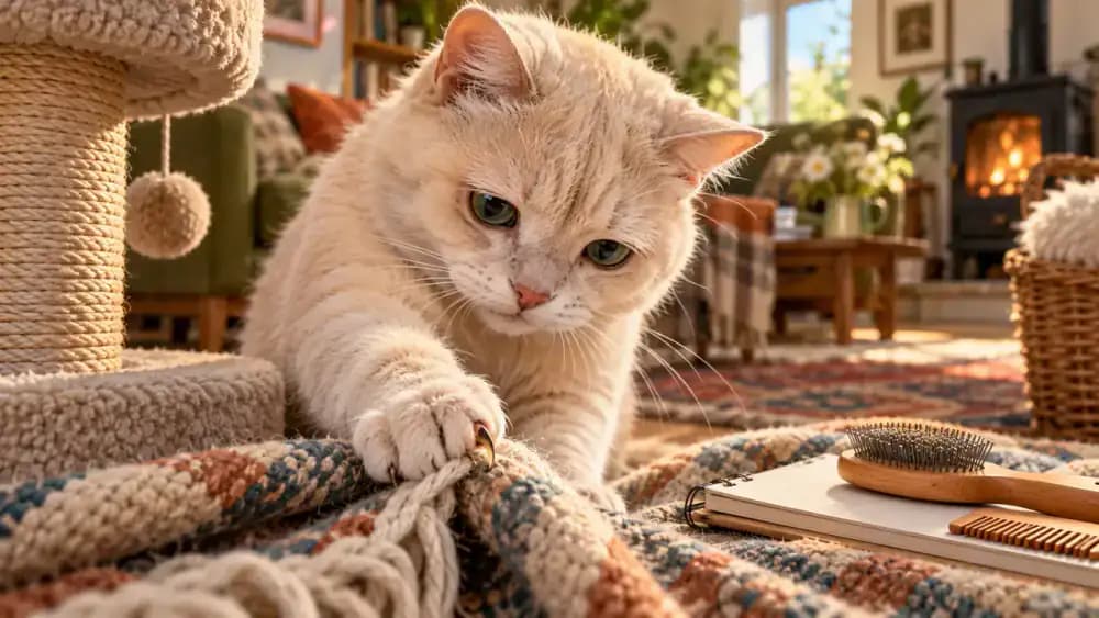 Elderly cream-colored cat resting on a low cat tree beside an organized grooming drawer with nail clippers and a care notebook, while a long curved claw catches the edge of a woven blanket.