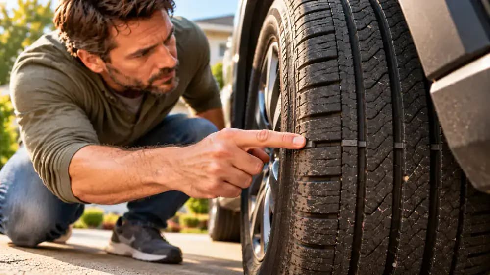 Close-up of a driver pointing to a raised tread wear indicator bar inside the grooves of a mounted SUV tire, with surrounding tread blocks clearly visible.