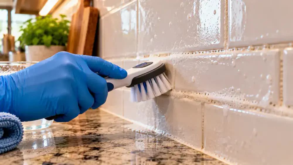 Extreme close-up of a blue-gloved hand gently brushing a horizontal cement-based grout line between cream ceramic kitchen backsplash tiles with a narrow soft nylon brush, using short strokes to loosen dark grease residue.