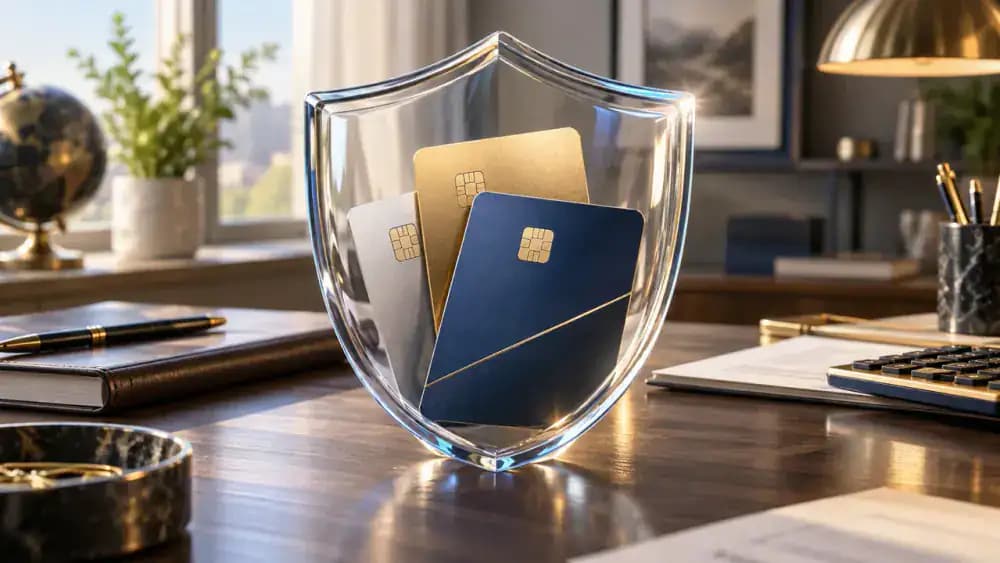 Several credit cards protected by a transparent shield, representing financial flexibility and ongoing account responsibilities.
