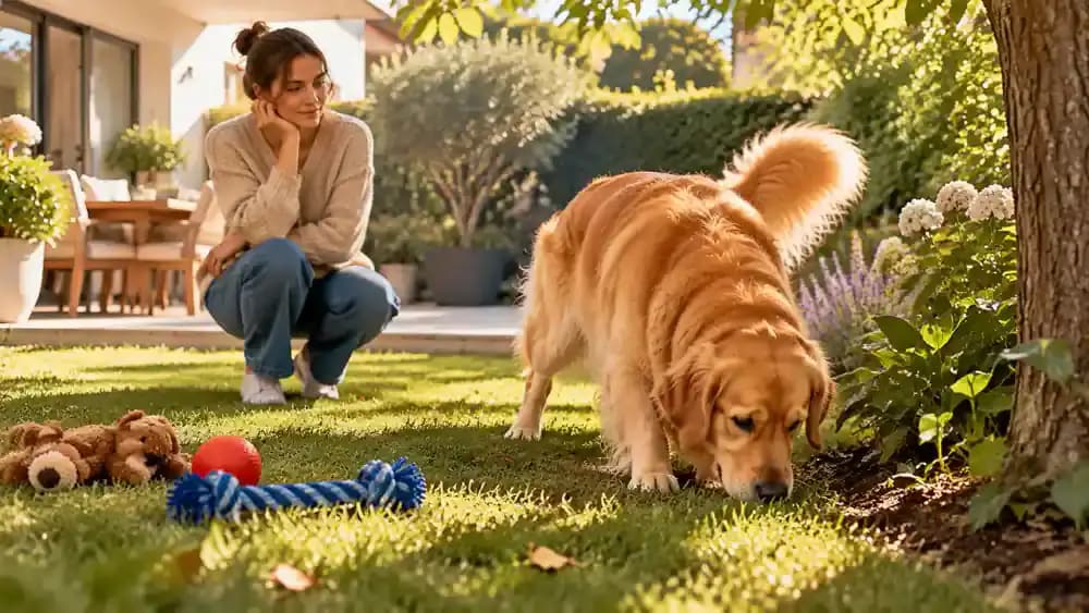 Golden retriever sniffing grass in a shaded garden while its owner puts away training treats and offers a favorite toy.