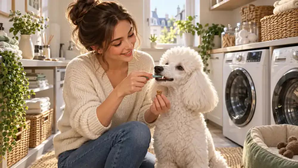 Owner briefly brushing one outer tooth of a relaxed white poodle before offering a treat