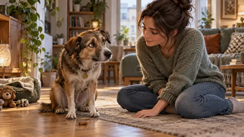 A shy rescue dog gently turns its head away from a treat on the floor and looks toward its handler's face.