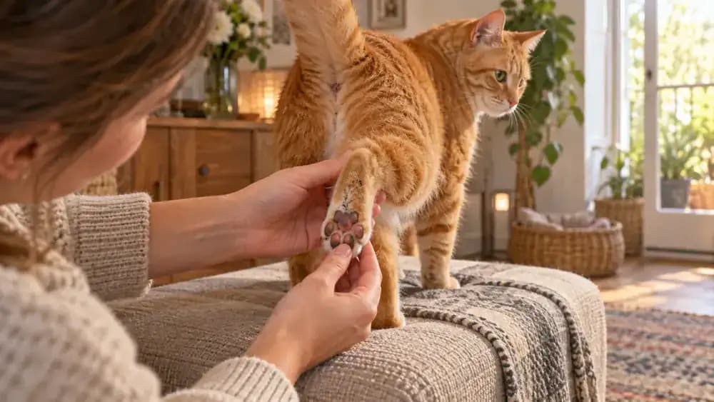 Orange cat standing comfortably as its owner carefully inspects a hind paw