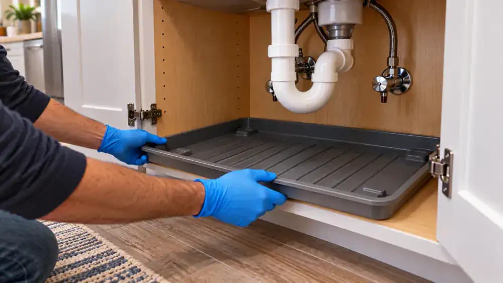 Floor-level view through an open kitchen sink cabinet showing blue-gloved hands carefully positioning a shallow rectangular waterproof plastic containment tray with raised edges on clean, dry laminate flooring beneath accessible plumbing.