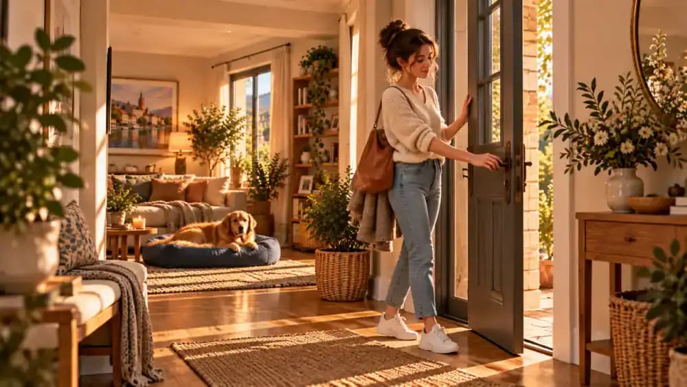 A wide view of the foyer shows Emma wearing walking shoes and gently opening the front door while remaining inside. Bailey rests peacefully near the living room rug as Emma prepares to close the door and return.