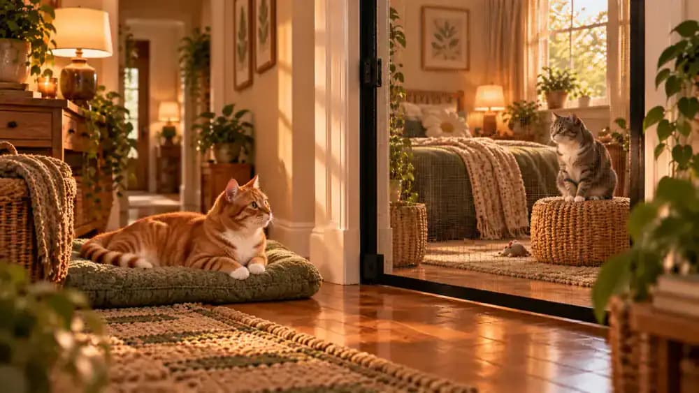 Milo rests on a cushion far from the mesh barrier while the owner times a short visual session
