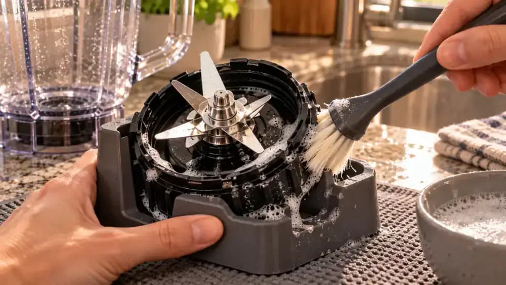 Close-up of an adult using a long-handled soft-bristle brush to clean food residue from accessible plastic seams around a detached stainless steel blender blade assembly, secured in a protective holder on a charcoal nonslip mat beside warm soapy water.