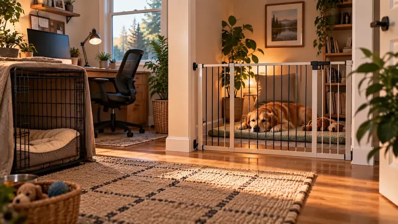 Dog choosing a comfortable mat in a quiet office instead of entering a crate