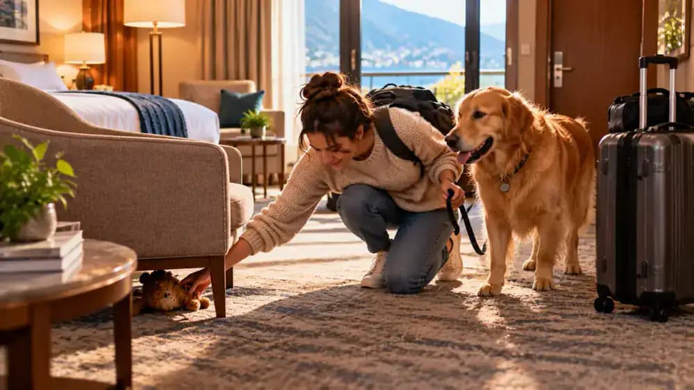 Traveler packing pet bowls, bedding, and toys in a tidy hotel room, retrieving a toy from beneath a chair, inspecting the room, and checking out before departing with a leashed golden retriever and a tabby cat in a carrier.