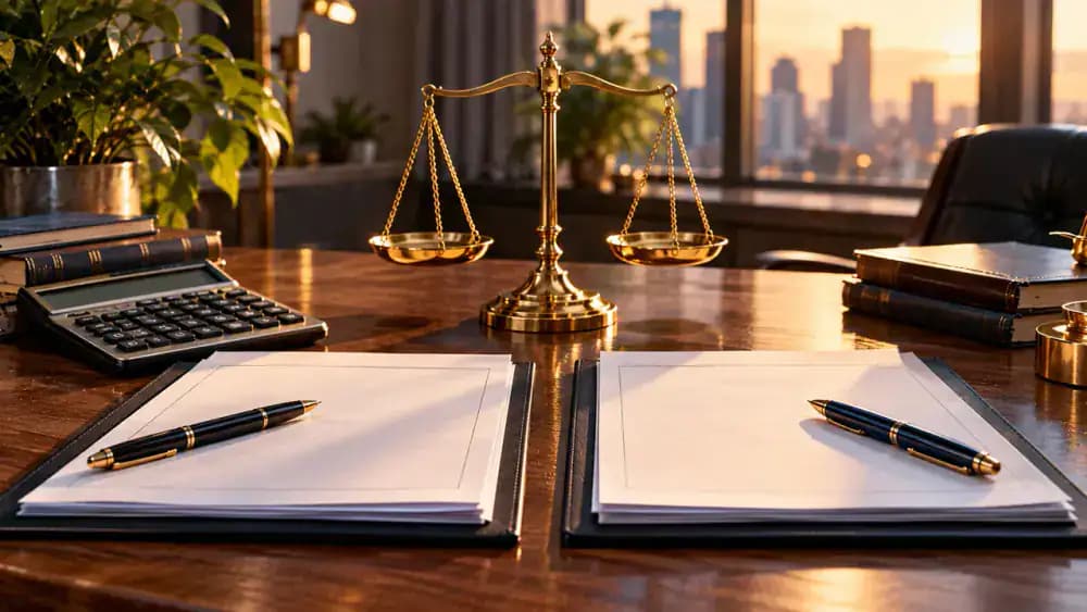 Two blank loan agreements beside a calculator and balanced comparison scales.