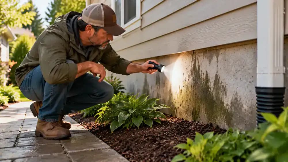 Homeowner standing on a dry paved walkway beside a suburban house, using a flashlight to inspect a moisture stain near the foundation wall while holding a notebook, with damp soil and mulch kept below the siding.