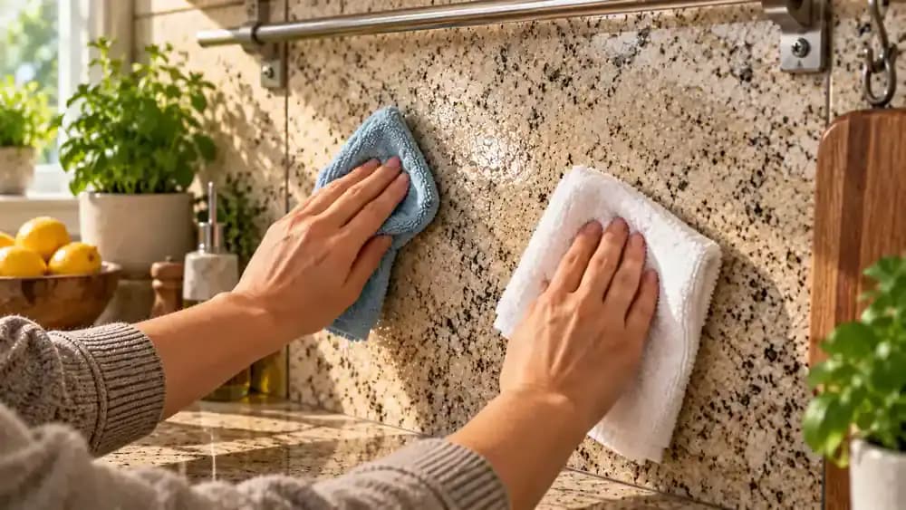 Close-up of natural stone being wiped with a lightly damp microfiber cloth while a second dry towel follows, keeping the grout border and metal seam dry.