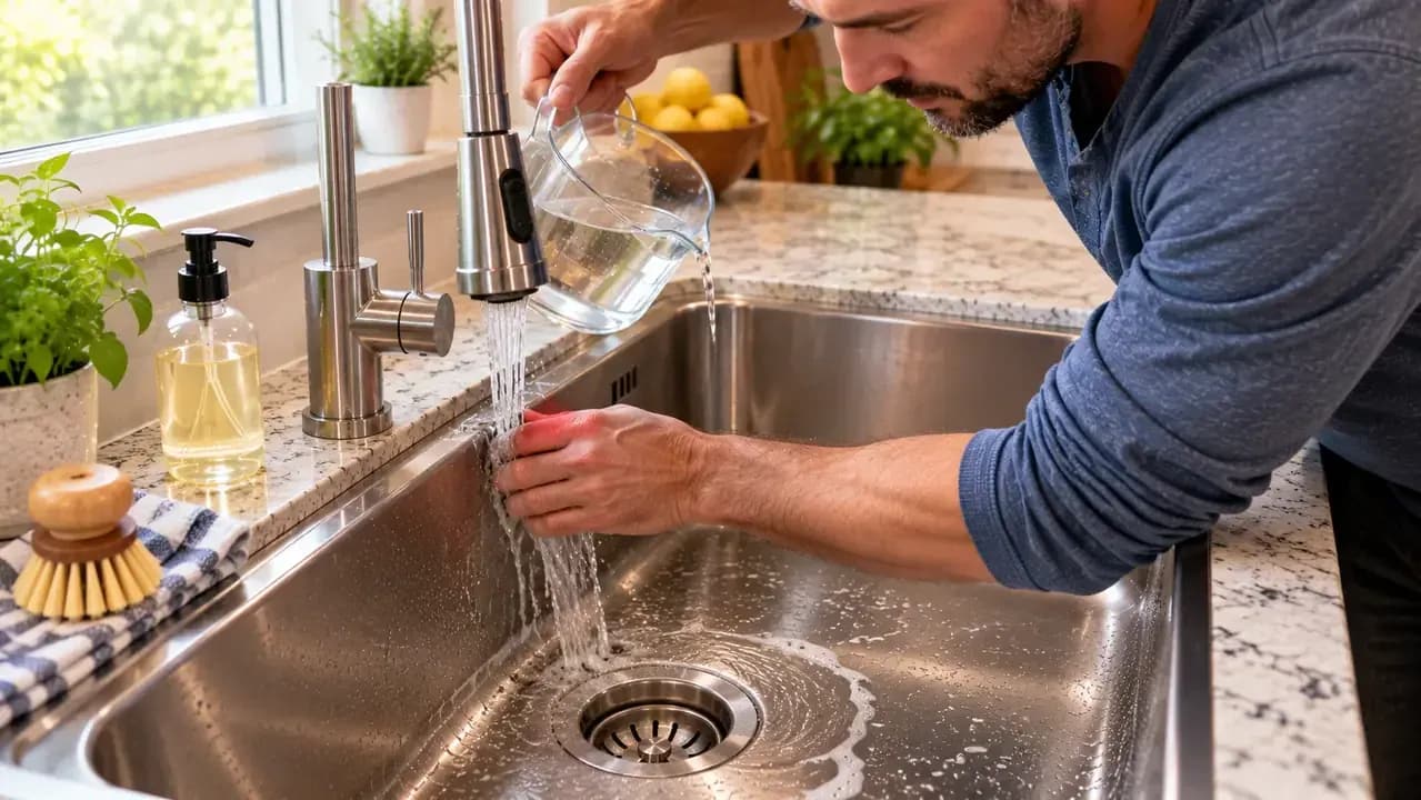 Overhead close-up of an adult homeowner pouring clean water from a small measuring pitcher along the faucet-base seam while guiding residue toward the sink drain with a damp microfiber cloth.