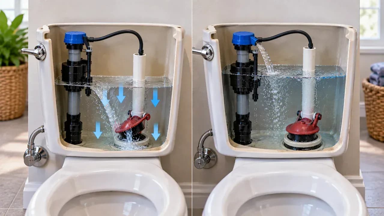 Open toilet tank shown in two diagnostic views: water dropping below a tape-marked level with the supply off, and a full tank where the fill valve keeps running after the supply is restored.