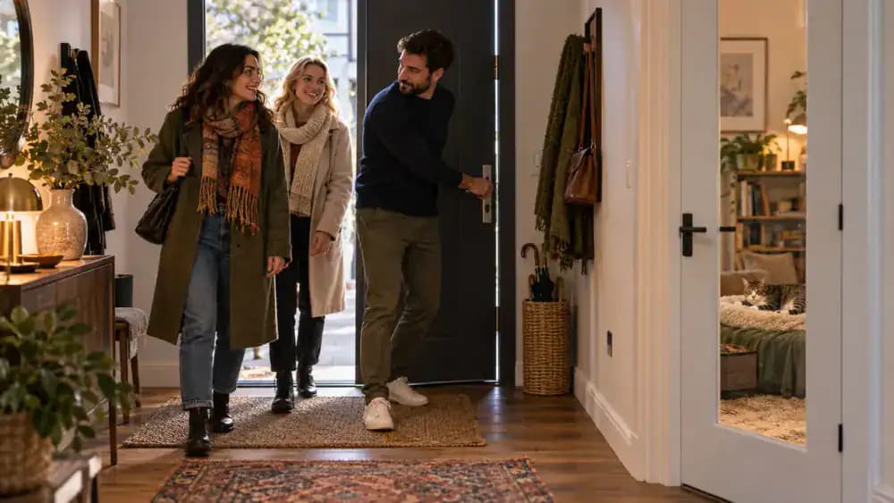 Guests arriving at a modern home while the host admits them one at a time beside a cat-safety reminder near the coat hooks, with the household cat resting in a separate closed bedroom.