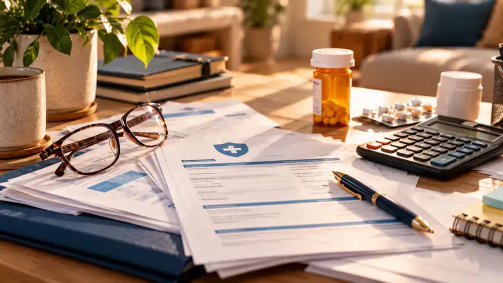 Health insurance documents, prescription medication, reading glasses, and calculator arranged on a desk.