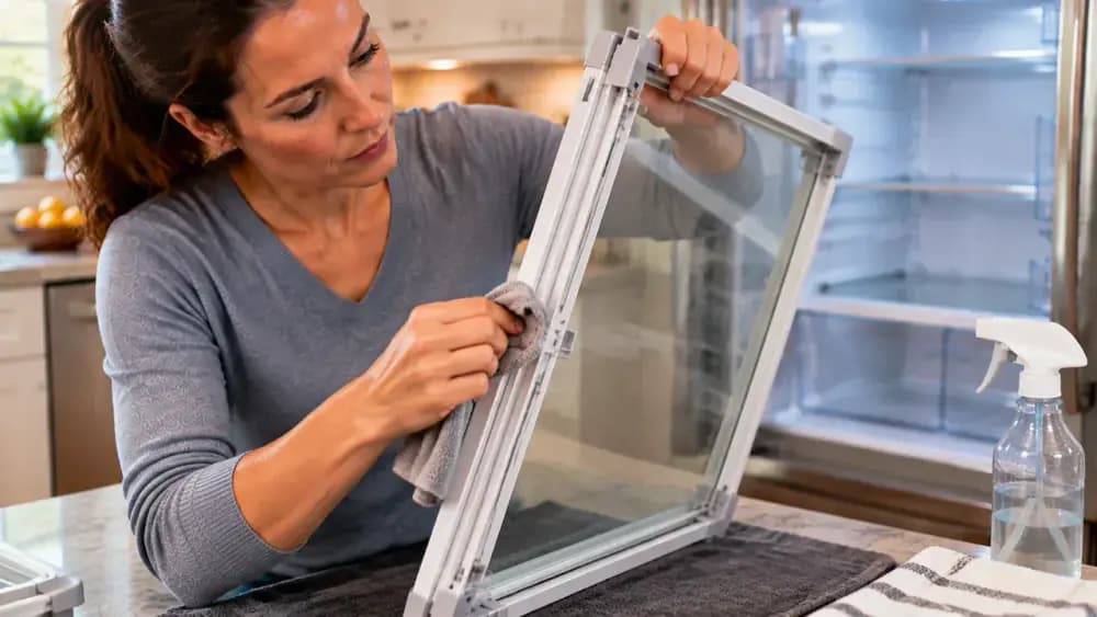 Person cleaning the hidden rim, underside grooves, and support edges of a refrigerator glass shelf with a soft cloth on a towel-covered counter