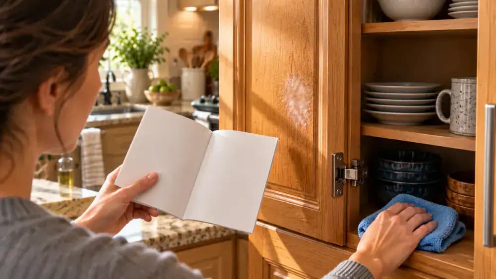 Close-up of a honey-colored birch kitchen cabinet door with faint greasy residue and an uneven reflection, viewed from inside the cabinet, with a manufacturer's care booklet open on the nearby counter.