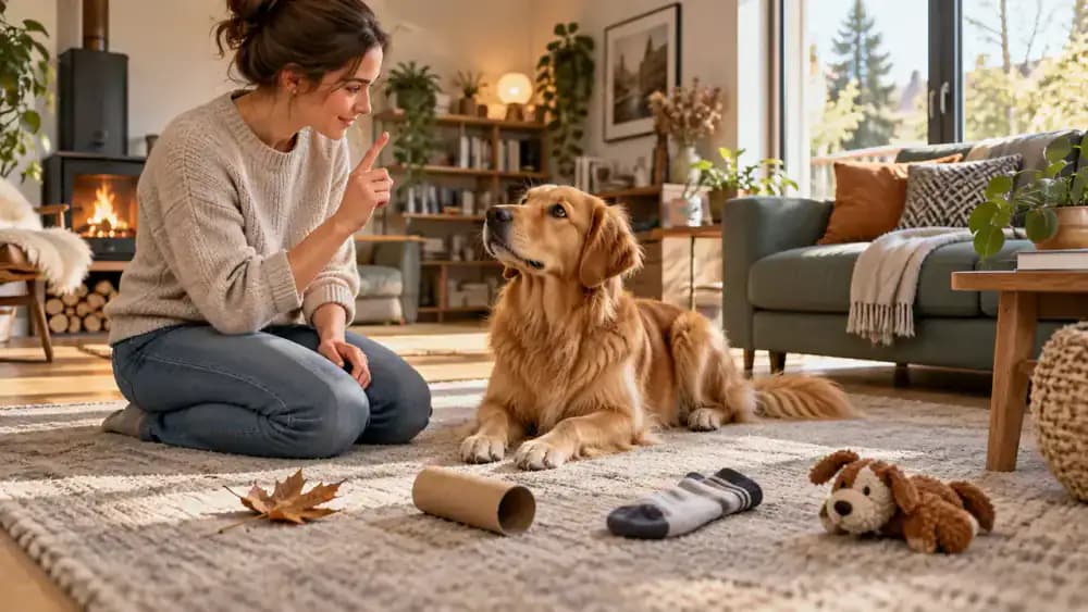 Dog watching its owner in a living room with a dry leaf, cardboard tube, clean sock, and toy arranged in a practice line on the floor.