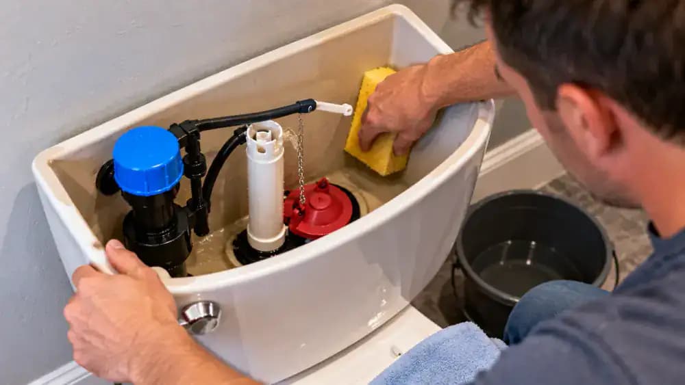 Overhead diagonal view inside an open white toilet tank as a homeowner flushes with the water supply turned off, allowing the tank to drain before using a clean sponge to absorb remaining water near the rubber flapper.