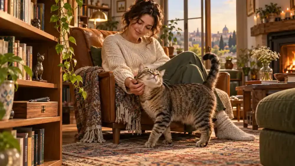 Confident tabby cat settling into an armchair beside its owner in a warmly lit home library, with closed nail clippers resting on a nearby shelf.