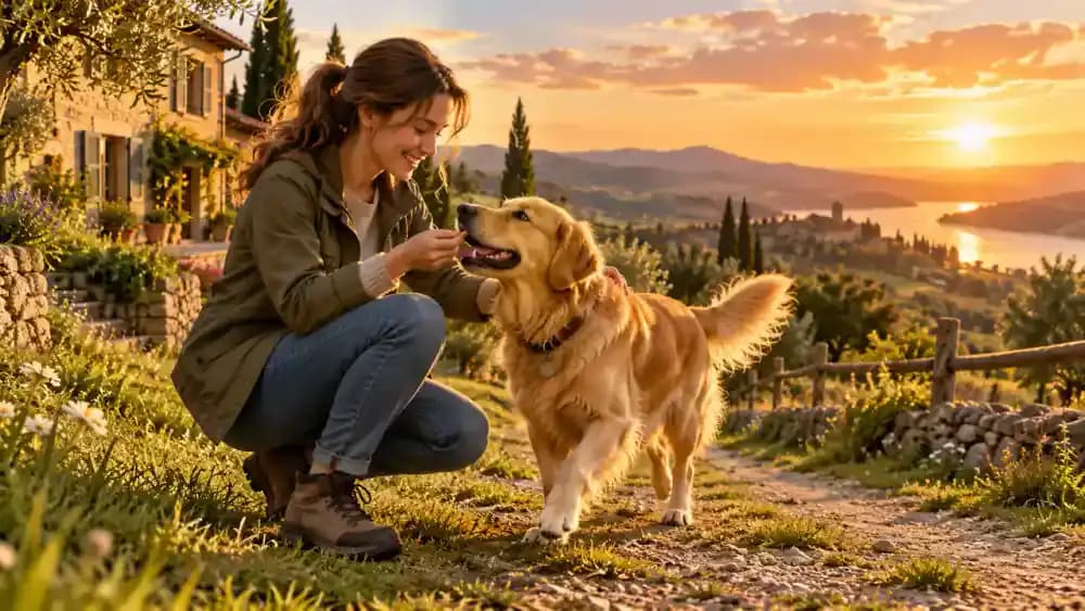 Golden Retriever running toward a smiling owner across a grassy countryside training field at sunset, followed by the owner storing leftover treats beside a measured dinner bowl at home.