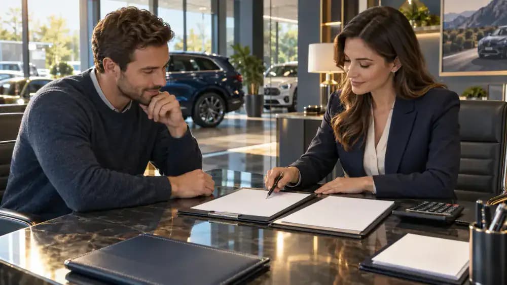 Car buyer and dealership finance representative reviewing paperwork at a professional office desk.