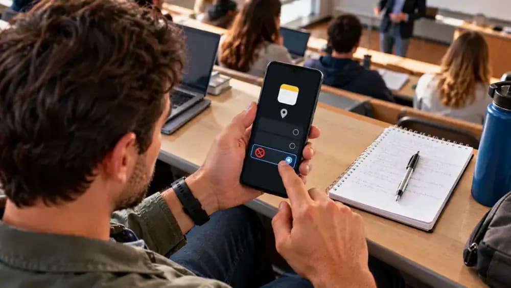 Overhead view of an Android smartphone on a classroom desk showing App location permissions as a note-taking app is changed to Don't allow, then listed under Not allowed before opening the app to check text entry.