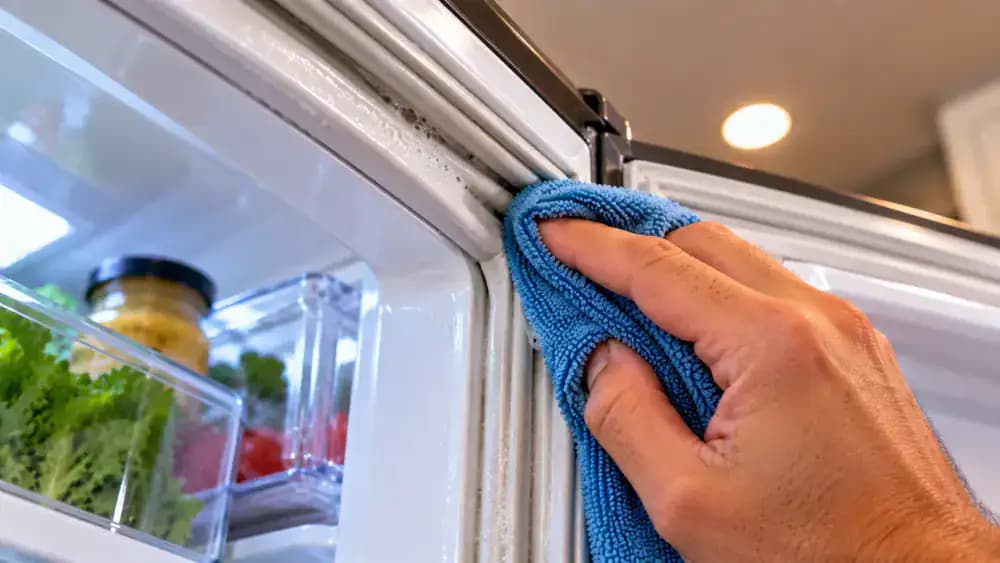 Close-up of a hand using a clean light blue microfiber cloth dampened with plain water to remove leftover soap from the ridges and narrow folds of a gray refrigerator door gasket.