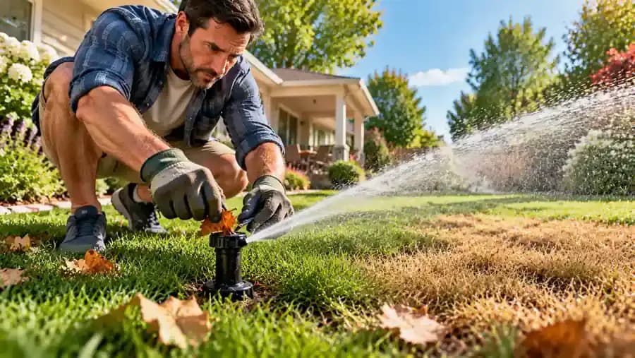 Gloved homeowner clearing a leaf obstruction from a stationary sprinkler head and adjusting its direction beside a yellow lawn patch.