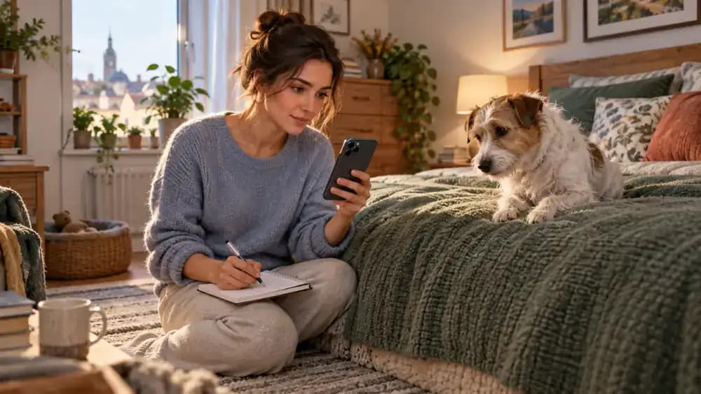 Terrier resting in a bedroom while its owner records coughing episodes and contacts a veterinary clinic
