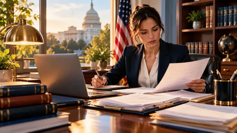 Government policy research workspace with a laptop and organized documents representing federal rental fee regulation.