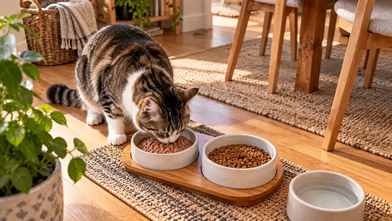 Cat eating moisture-rich wet food with dry kibble shown nearby for comparison