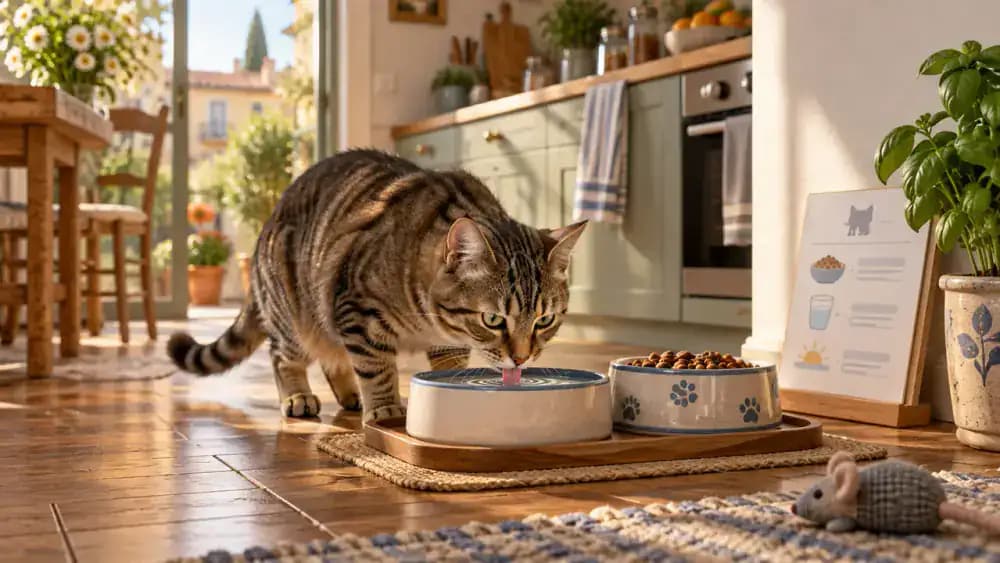 Tabby cat drinking water while its owner reviews veterinary feeding instructions in a sunny kitchen