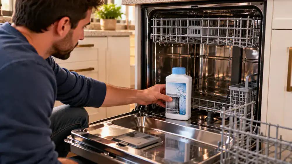High-angle view inside an empty stainless steel dishwasher as a person places a single approved descaler container upright in the lower rack, following illustrated product instructions, with the detergent dispenser empty.