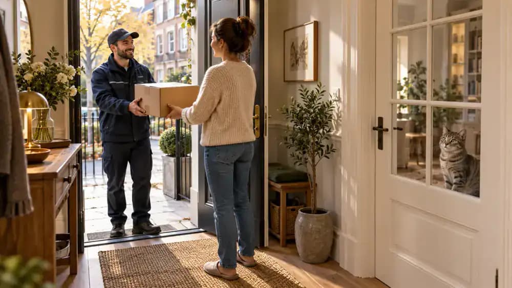 Gray tabby cat watches a parcel delivery from behind a closed glass-paneled interior door while a courier hands a cardboard package to the homeowner at the open townhouse entrance.