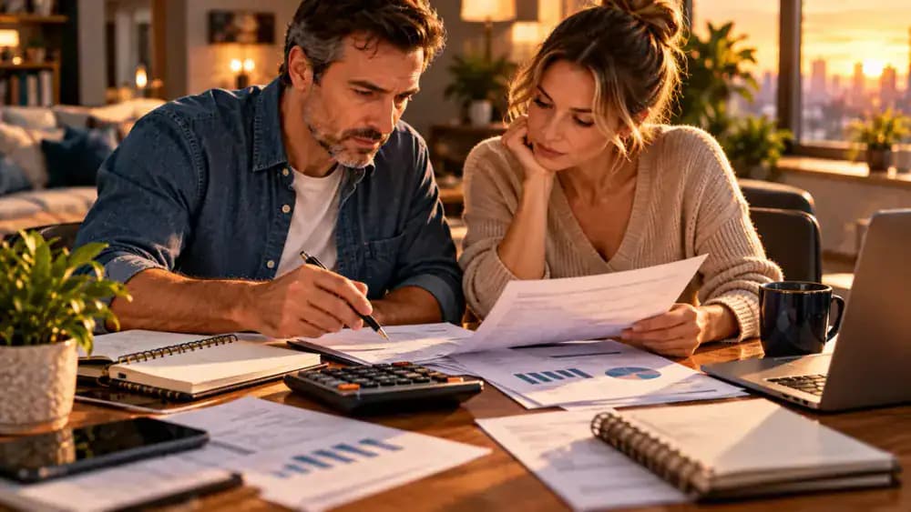 Two people reviewing a household budget with a calculator during a financial assistance discussion.