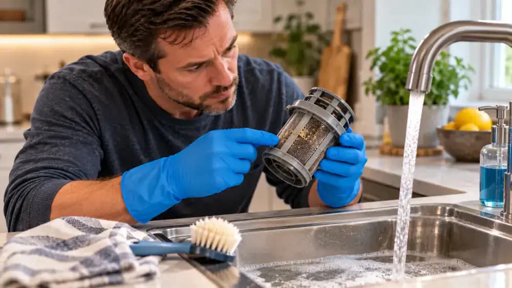 Adult inspecting a removed dishwasher filter over a kitchen sink with warm running water, a soft nylon brush, and dish soap nearby for cleaning different levels of buildup.