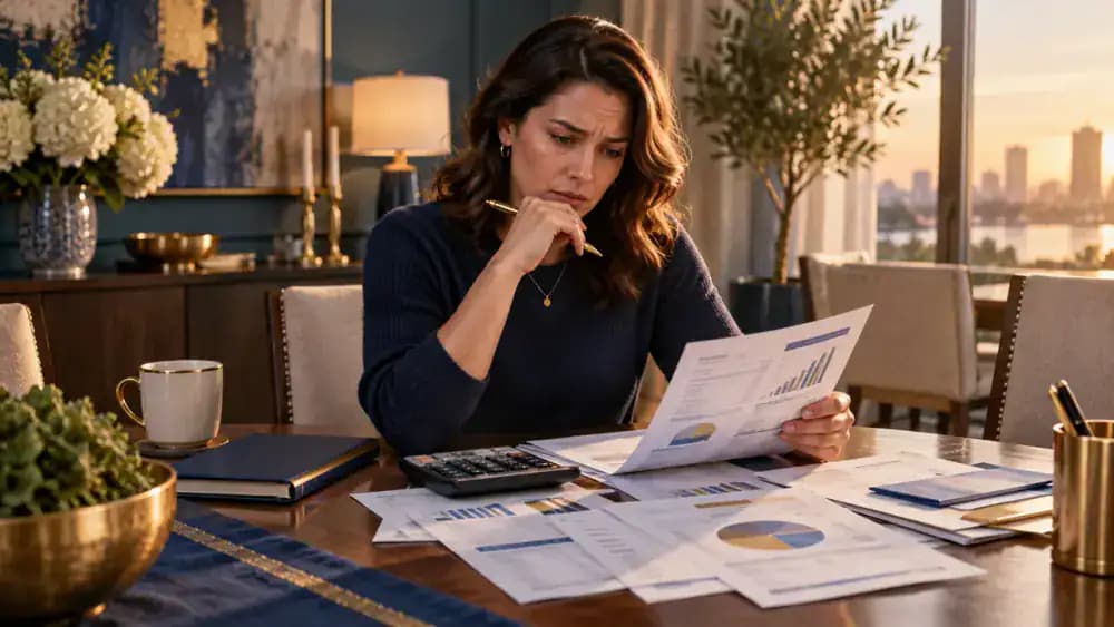 Consumer reviewing a credit statement with a calculator