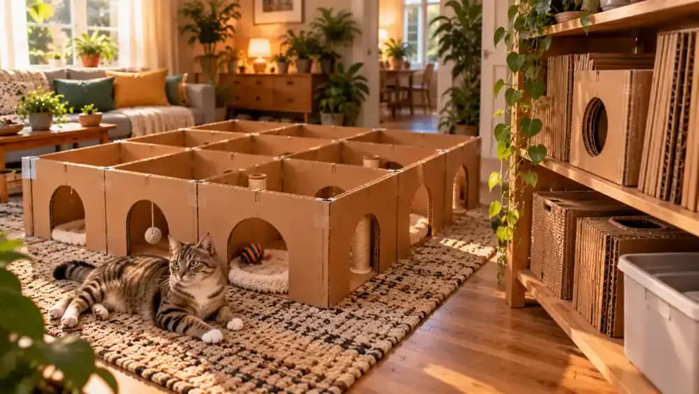 Tabby cat resting beside a completed cardboard maze, later exploring connected chambers, while its owner folds a removable section for storage on a dry shelf.