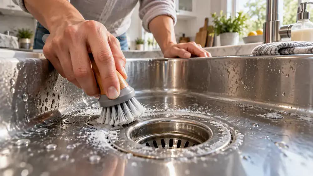 Extreme close-up of a homeowner cleaning chalky white hard water deposits around a stainless steel kitchen sink drain rim using a folded microfiber cloth and a small soft-bristled nylon brush.