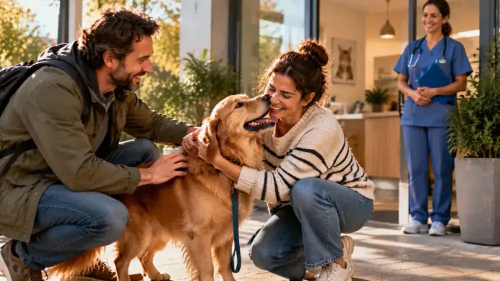 A passerby brings a friendly lost dog to a veterinary clinic, where staff check its microchip and contact the owner using verified registration details before a happy reunion.