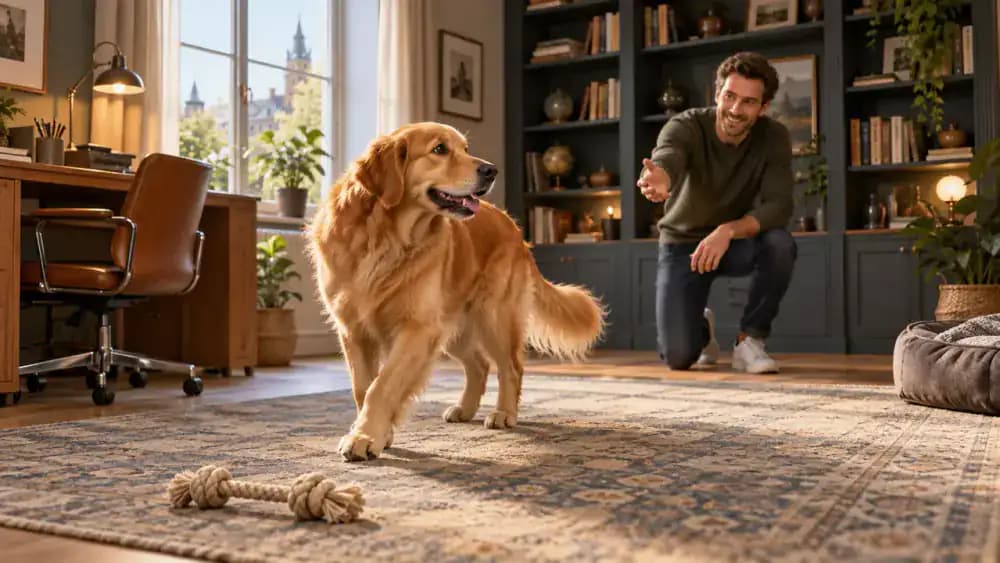 Golden retriever turning away from a rope toy on the floor to approach its owner