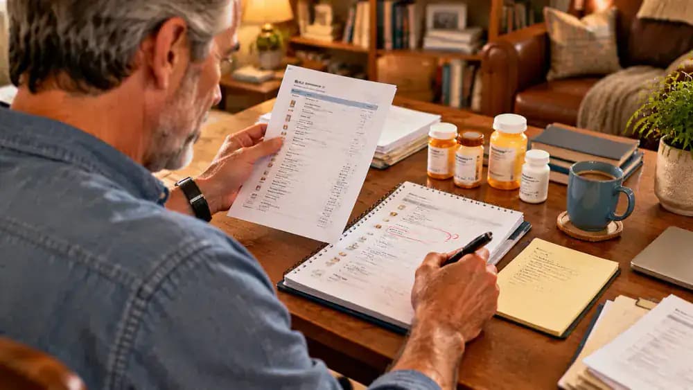 Patient comparing a fictional medication worksheet with pharmacy records and prescription labels, circling a spelling discrepancy and marking an unclear schedule for pharmacist confirmation.