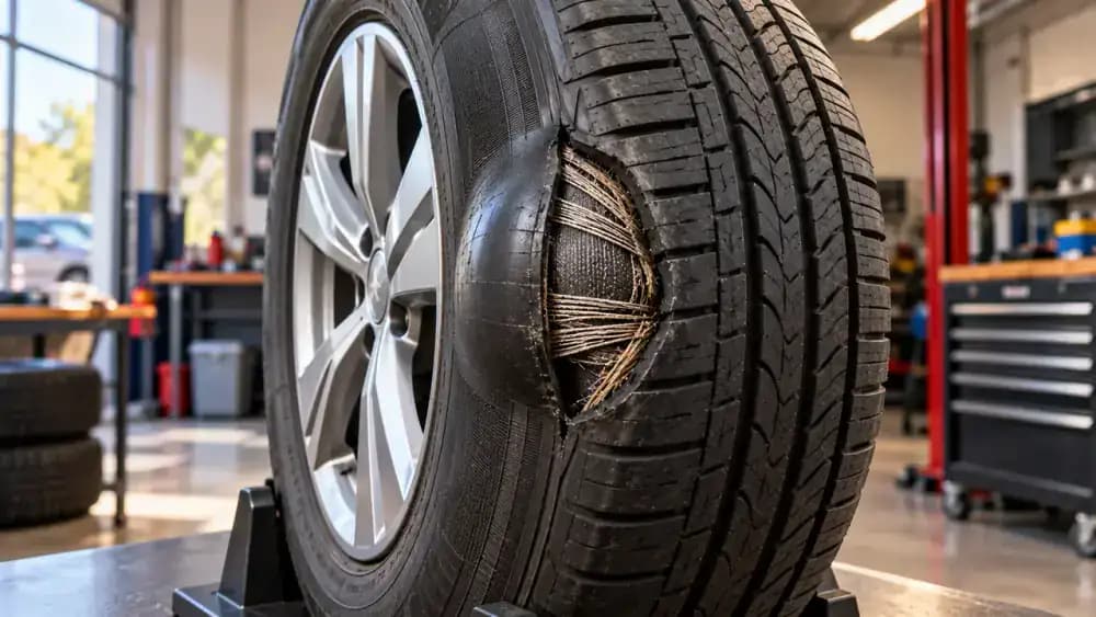 Educational tire inspection illustration identifying a sidewall bulge, deep cuts, cracks, and exposed reinforcing cords on a tire mounted to a wheel.